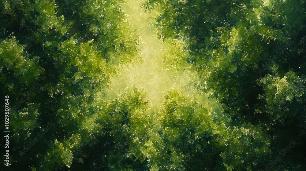 A view of the sky through the dense canopy of a forest, with the sun shining through the leaves. A view of the sky through the dense canopy of a forest, with the sun shining through the leaves.