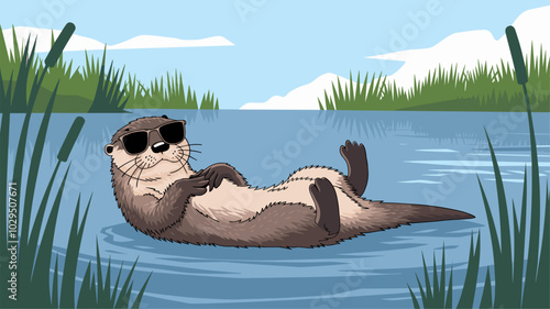 An otter with stylish sunglasses floating on its back in a serene lake surrounded by reeds.