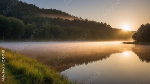 A gentle fog blankets a peaceful river at sunrise, with warm sunlight reflecting off the mist and water. The soft fog over the water and the lush green banks create a serene and atmospheric rural scen