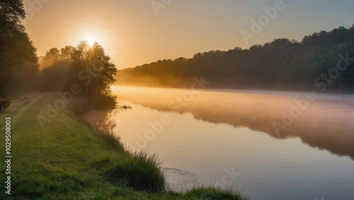 A gentle fog blankets a peaceful river at sunrise, with warm sunlight reflecting off the mist and water. The soft fog over the water and the lush green banks create a serene and atmospheric rural scen