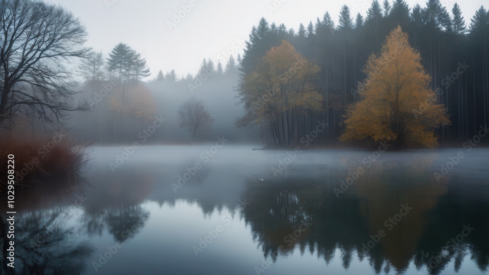 Misty morning over a quiet forest pond, with soft fog rolling over the still water and trees reflecting in the calm surface. The scene evokes a peaceful and serene atmosphere, typical of nature's quie Misty morning over a quiet forest pond, with soft fog rolling over the still water and trees reflecting in the calm surface. The scene evokes a peaceful and serene atmosphere, typical of nature's quie