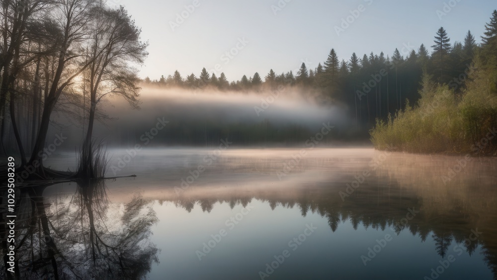 Misty morning over a quiet forest pond, with soft fog rolling over the still water and trees reflecting in the calm surface. The scene evokes a peaceful and serene atmosphere, typical of nature's quie Misty morning over a quiet forest pond, with soft fog rolling over the still water and trees reflecting in the calm surface. The scene evokes a peaceful and serene atmosphere, typical of nature's quie
