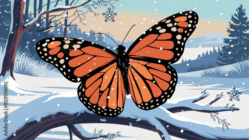 Captivating butterfly on a snow-covered branch, with snowflakes landing on its wings and the wintry landscape creating a striking contrast.