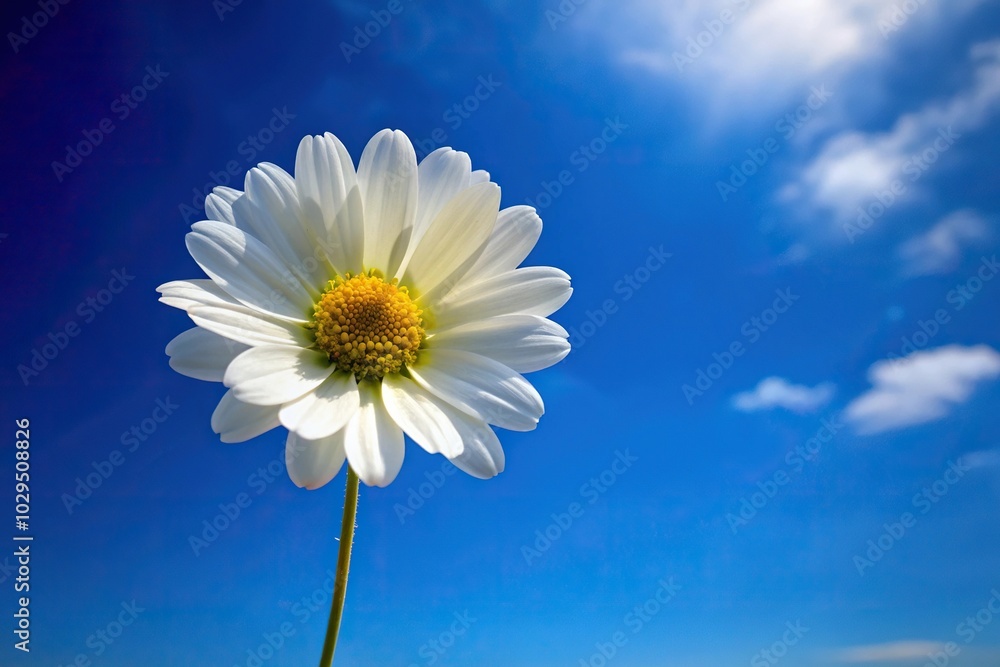 White flower with blue sky and yellow points White flower with blue sky and yellow points