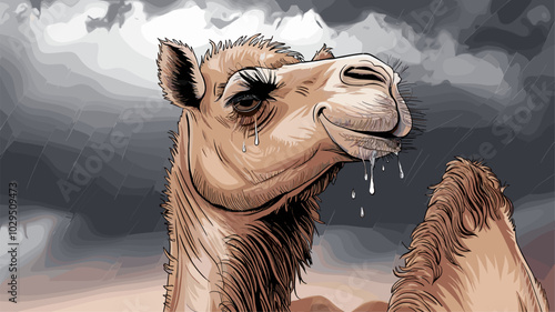 Camel in a rare desert rainstorm, fur wet, droplets on lashes, set against dark, stormy clouds.