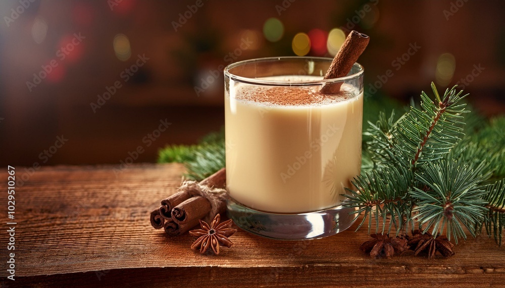  A rustic glass of homemade eggnog with a sprinkle of cinnamon and a sprig of evergreen on th