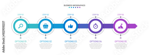 Horizontal progress bar featuring 5 arrow-shaped elements, symbolizing the five stages of business strategy and progression. Clean timeline infographic design template. Vector for presentation