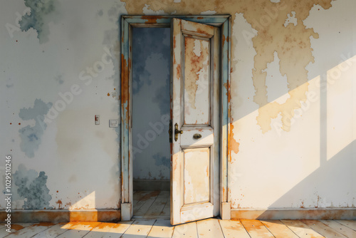 Old damaged door opening into empty room with stained walls