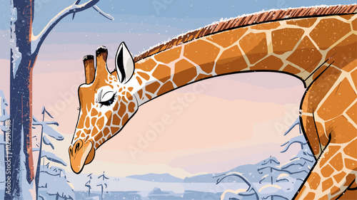 Serene scene of a giraffe moving through a snowy landscape, with snowflakes gently settling on its long neck and tranquil surroundings.