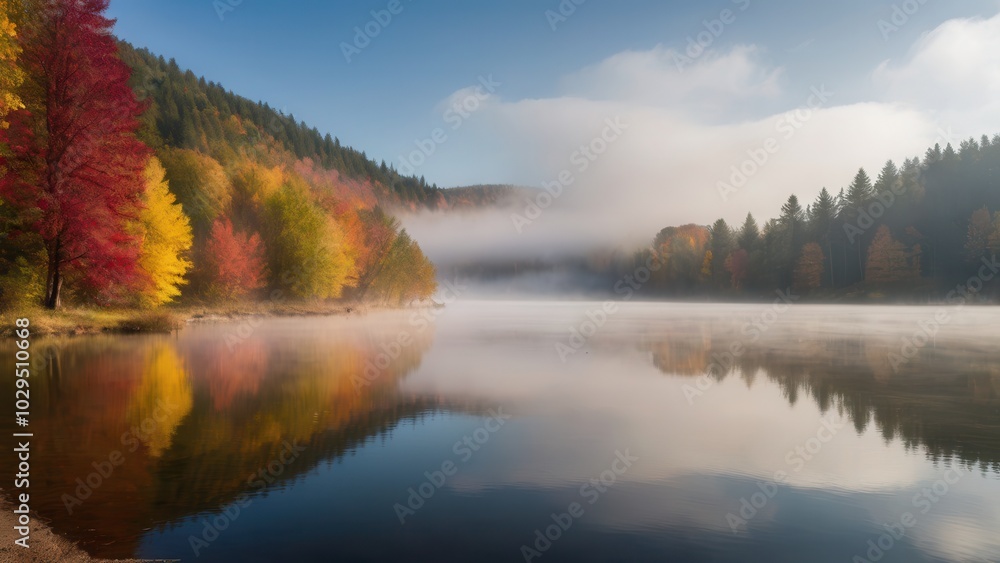 Misty autumn morning on a peaceful lake surrounded by colorful trees. The fog over the water creates a dreamy atmosphere, with the vibrant fall foliage reflected in the calm surface of the lake