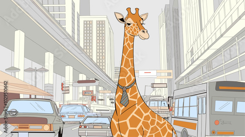 Giraffe amidst bustling city streets, with skyscrapers and traffic contrasting its calm and majestic presence in an urban setting.