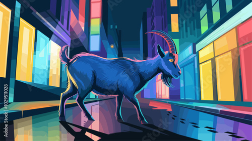 Goat exploring a city street at night, vibrant neon signs casting colorful reflections on its fur, creating a dynamic natural-urban contrast.