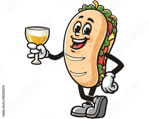 Sub Sandwich with a glass of wine, Cartoon Mascot Illustration Character Vector Clip-art Hand-drawn Logo Design