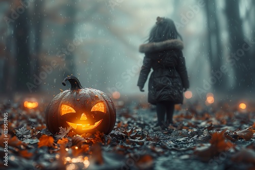 Halloween night little girl in the forest, scary pumpkins.