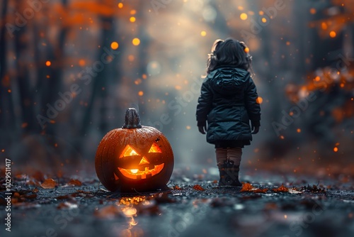 Halloween night little girl in the forest, scary pumpkins.