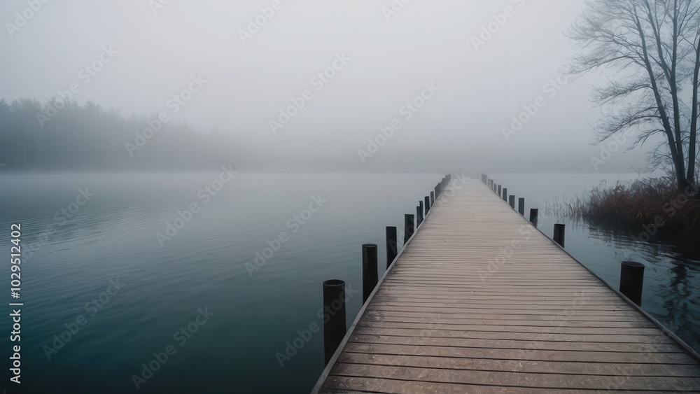 A lone pier reaches into the fog-covered lake, creating a serene and mysterious atmosphere. The dense fog blurs the boundaries between the water and sky, evoking a sense of stillness and calm A lone pier reaches into the fog-covered lake, creating a serene and mysterious atmosphere. The dense fog blurs the boundaries between the water and sky, evoking a sense of stillness and calm