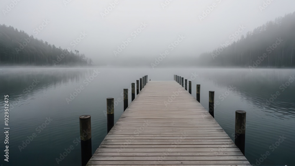 Obraz premium A lone pier reaches into the fog-covered lake, creating a serene and mysterious atmosphere. The dense fog blurs the boundaries between the water and sky, evoking a sense of stillness and calm