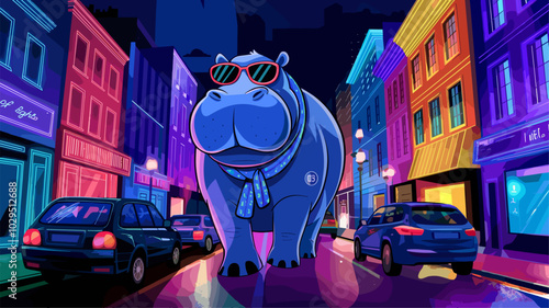 Hippopotamus strolling through a city street bathed in neon lights, with colorful reflections accentuating its massive form and unique features.