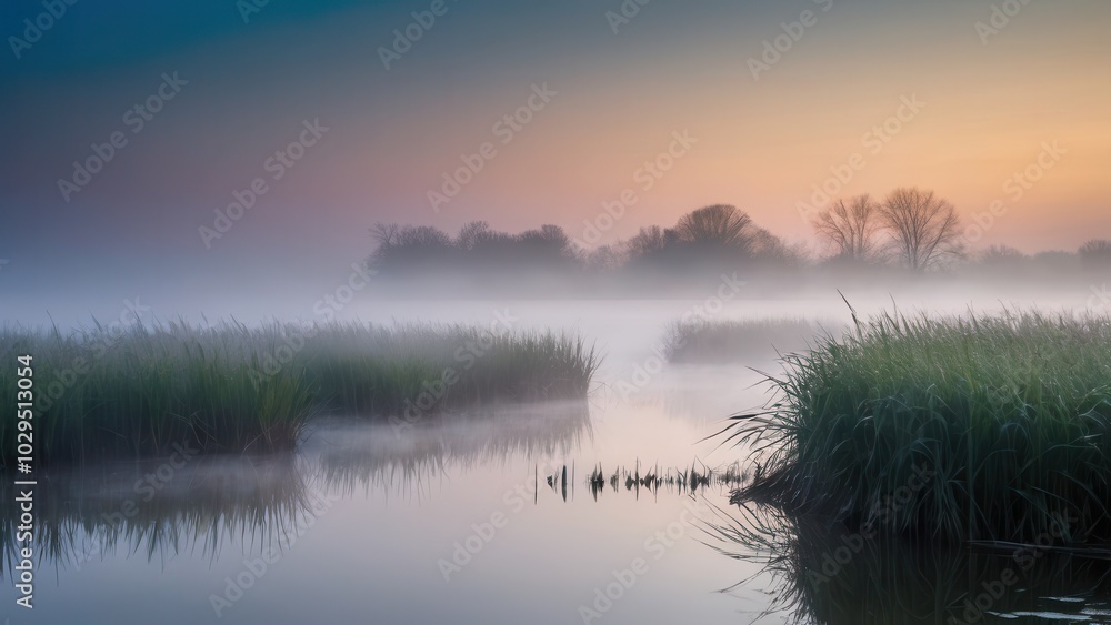 Fototapeta premium Golden sunlight breaks through the fog over a peaceful lake, reflecting the surrounding vegetation. The misty water and gentle light combine to create a serene and harmonious natural scene