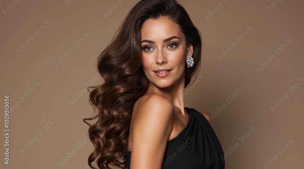 Portrait of a stylish woman with long, flowing brown hair and elegant black dress. She exudes confidence and beauty, presenting an alluring and sophisticated look. Perfect for fashion or beauty themes Portrait of a stylish woman with long, flowing brown hair and elegant black dress. She exudes confidence and beauty, presenting an alluring and sophisticated look. Perfect for fashion or beauty themes