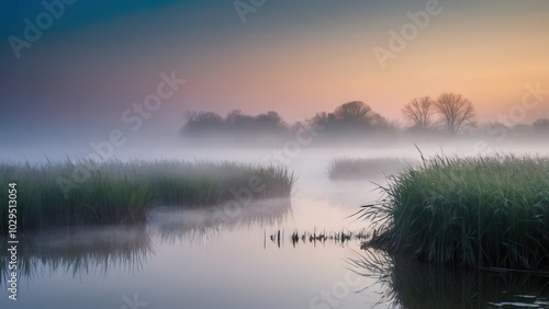 Golden sunlight breaks through the fog over a peaceful lake, reflecting the surrounding vegetation. The misty water and gentle light combine to create a serene and harmonious natural scene