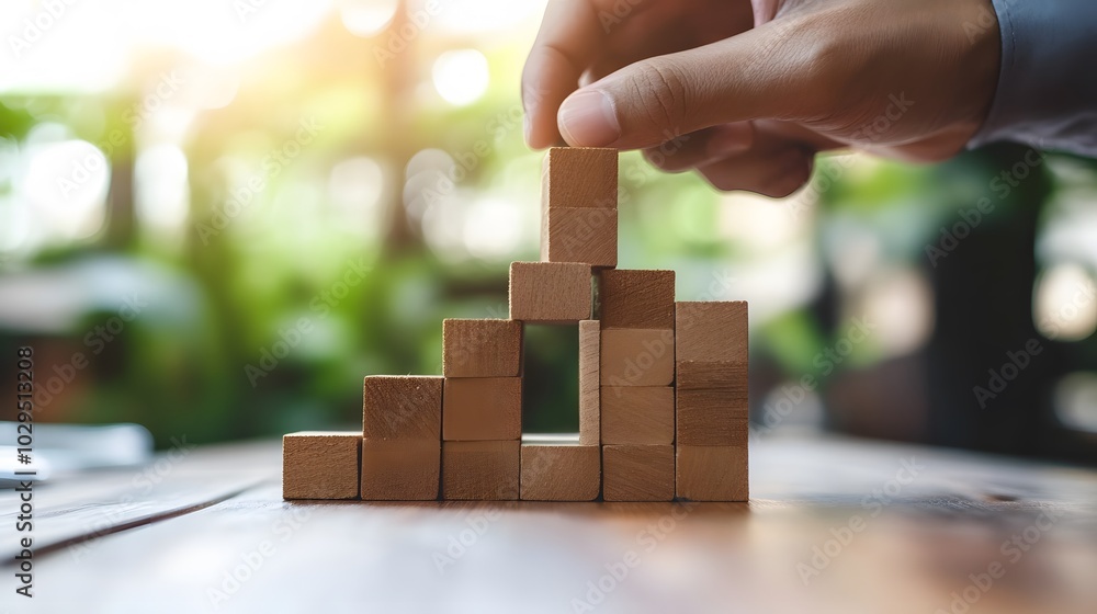 Hand stack woods block step on table with icon business strategy and Action plan. business investment and development concept.
Hand stack woods block step on table with icon business strategy and Action plan. business investment and development concept.