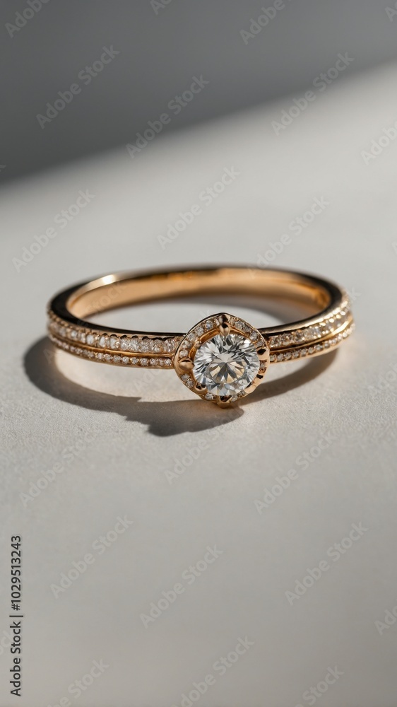 Elegant gold engagement ring with a sparkling diamond on a softly lit surface Elegant gold engagement ring with a sparkling diamond on a softly lit surface
