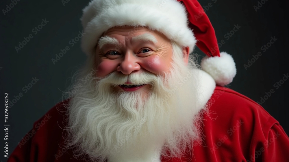 Add a chubby, jolly Santa with a detailed velvet red suit, a long, bushy white beard, and bushy white eyebrows arched in a kind gaze. Add a chubby, jolly Santa with a detailed velvet red suit, a long, bushy white beard, and bushy white eyebrows arched in a kind gaze.