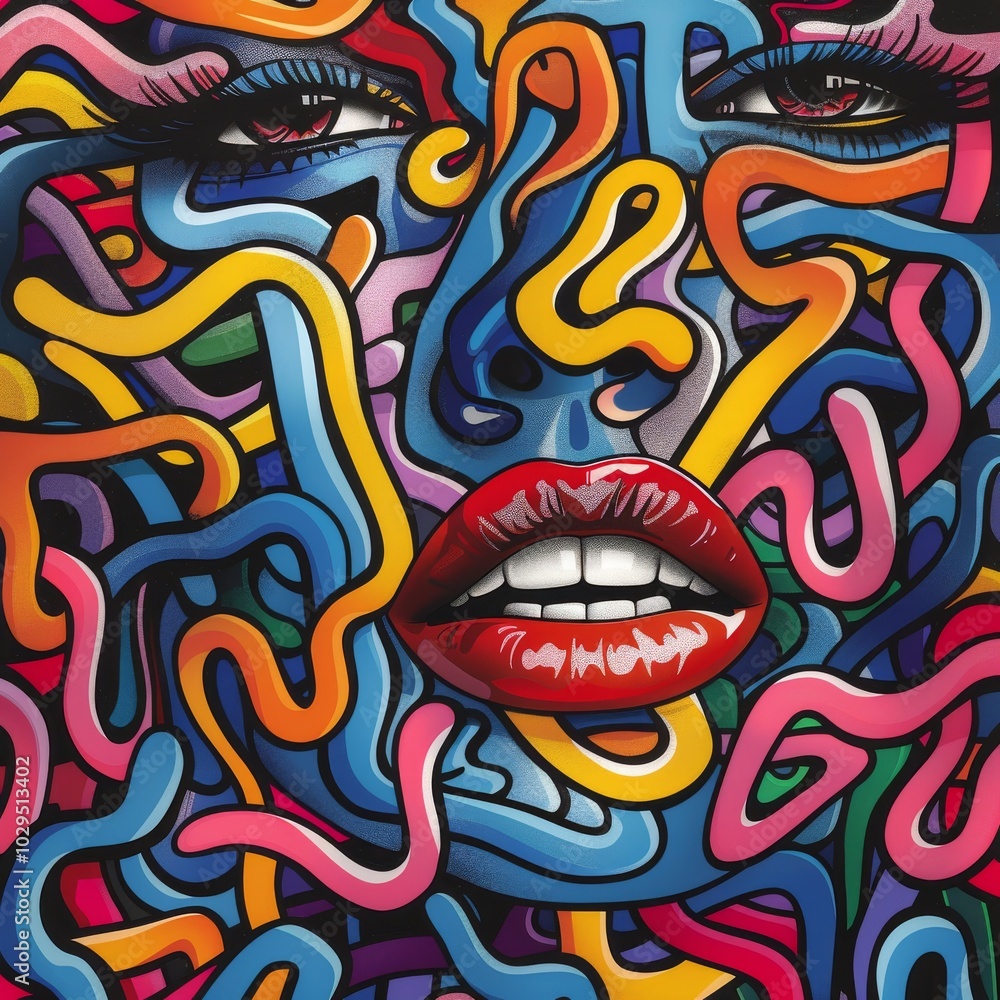 Obraz premium Colorful abstract portrait featuring vibrant patterns and striking facial features