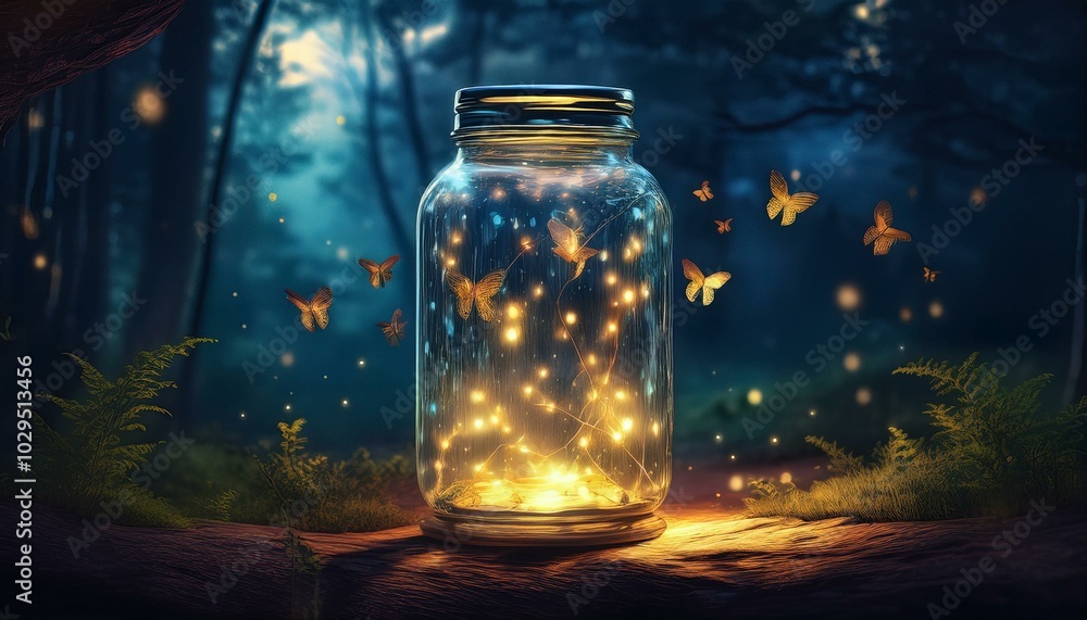 A tall, slender glass jar containing a few scattered fireflies glowing warmly, with small li. A tall, slender glass jar containing a few scattered fireflies glowing warmly, with small li.