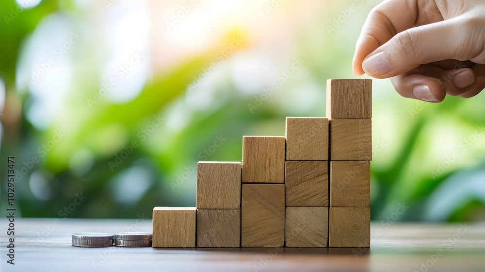 Hand stack woods block step on table with icon business strategy and Action plan. business investment and development concept.
Hand stack woods block step on table with icon business strategy and Action plan. business investment and development concept.