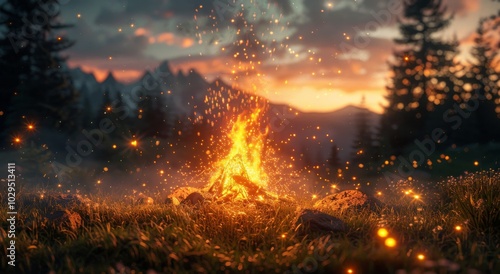 A cozy campfire burns brightly in the wilderness at sunset with mountains in the background