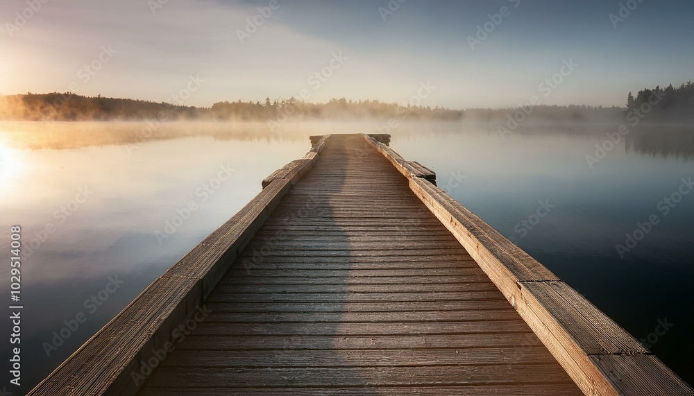 A weathered wooden pier extending into a calm misty lake, with soft light reflecting off the A weathered wooden pier extending into a calm misty lake, with soft light reflecting off the