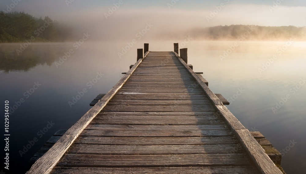 Naklejka premium A weathered wooden pier extending into a calm misty lake, with soft light reflecting off the