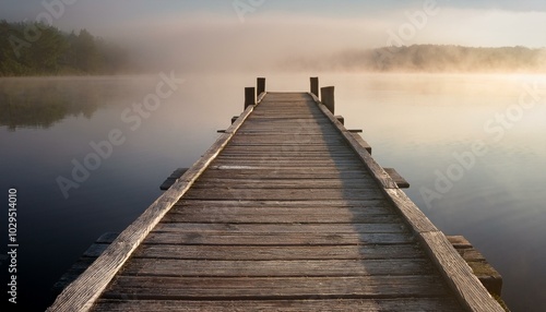 A weathered wooden pier extending into a calm misty lake, with soft light reflecting off the 