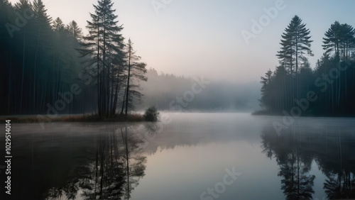 A thick layer of fog drifts over a calm lake, partially obscuring the reflection of tall pine trees along the shoreline. The peaceful and mysterious atmosphere of the mist-covered water creates a sere