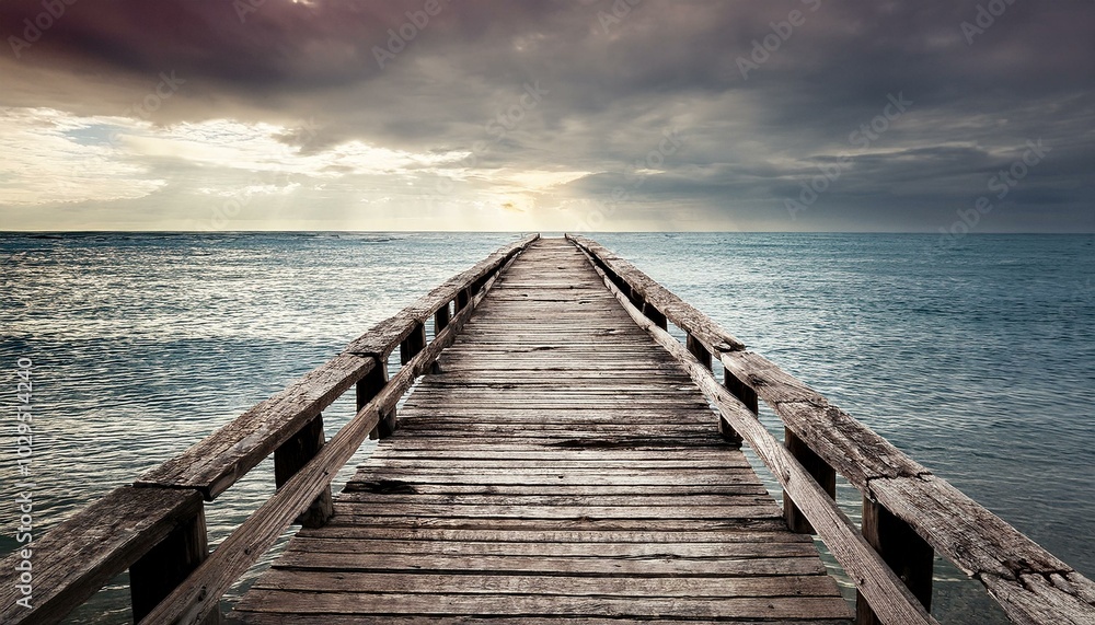 Aged wooden pier with rough, splintered edges, leading into an overcast sky and peaceful, op Aged wooden pier with rough, splintered edges, leading into an overcast sky and peaceful, op