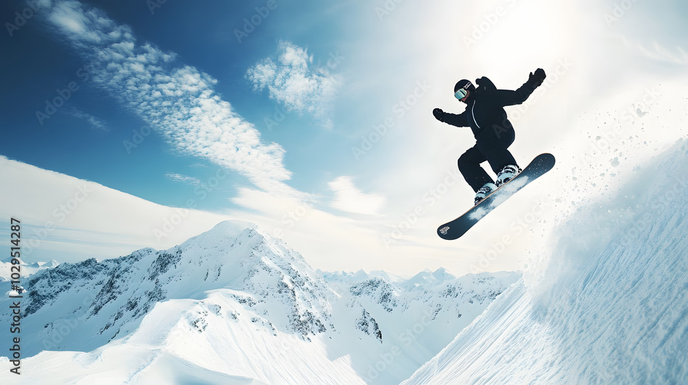 A snowboarder executing a perfect grab trick in mid-air with the snowy mountains and bright sky behind them. A snowboarder executing a perfect grab trick in mid-air with the snowy mountains and bright sky behind them.