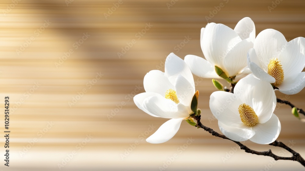 White Magnolia Flowers on Branch with Blurred Background White Magnolia Flowers on Branch with Blurred Background
