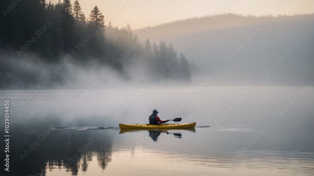 Fototapeta premium A kayaker paddles through calm, fog-covered waters, surrounded by misty hills. The serene atmosphere and stillness of the lake create a peaceful scene as the kayaker ventures into the fog