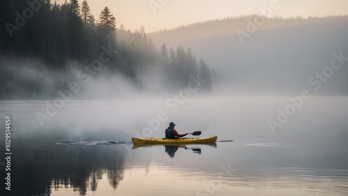 A kayaker paddles through calm, fog-covered waters, surrounded by misty hills. The serene atmosphere and stillness of the lake create a peaceful scene as the kayaker ventures into the fog