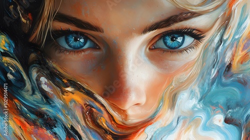 Captivating woman with vibrant blue eyes in abstract artistic portrait
