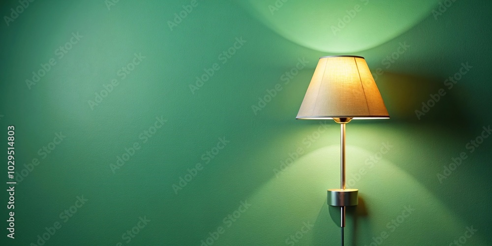 Modern lamp casting warm glow on desk with light green wall in background Modern lamp casting warm glow on desk with light green wall in background