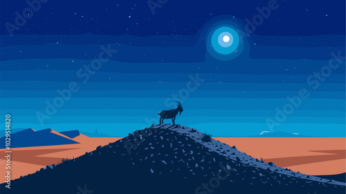 Goat standing on a rocky hill under moonlight in a vast desert, its silhouette sharp against the starry sky, creating serene solitude.