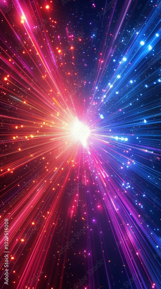 Fototapeta premium Vibrant explosion of colorful light rays in a cosmic background during a starry night