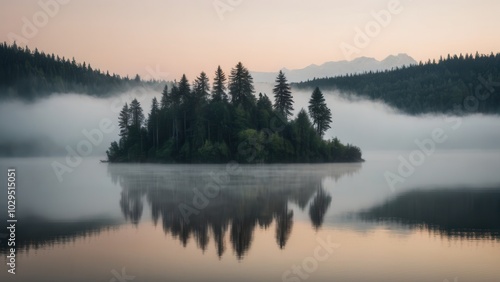 Misty morning over a serene lake, where an island of tall trees emerges through the fog. The still water reflects the island and mist, creating a peaceful and ethereal landscape