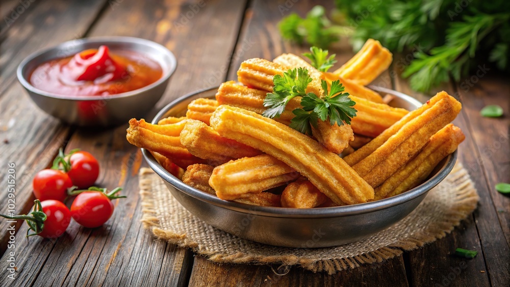 Wide-Angle Crisp and golden Potato churros served with paprika and fresh parsley