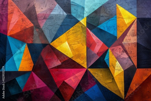 Colorful geometric mural on city wall depicting vibrant abstract shapes and angles