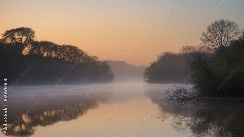 Obraz premium A peaceful river at dawn, shrouded in soft fog, with the silhouettes of bare trees reflecting on the calm water. The misty atmosphere and soft light create a serene and tranquil landscape