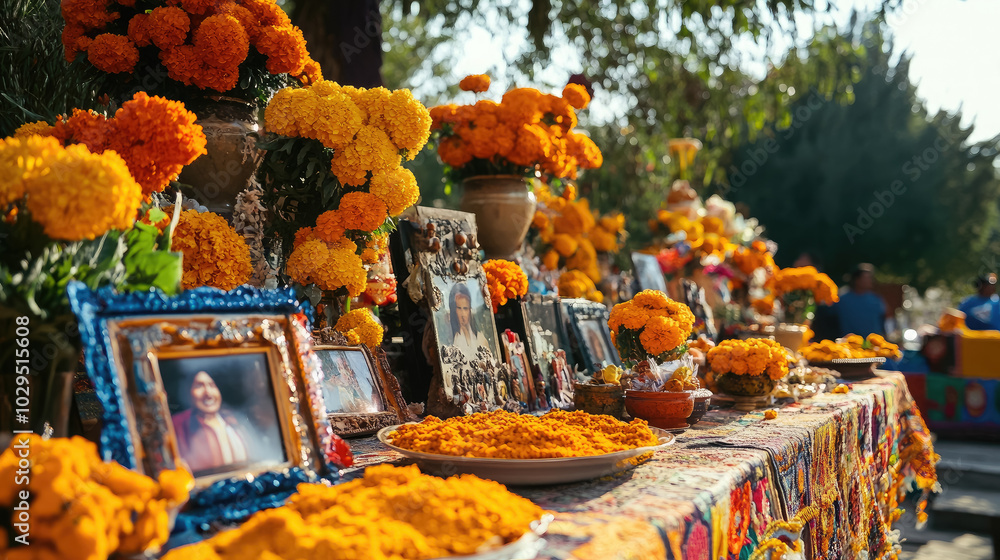 Traditional Mexican Altar With Photos Of Dead Relatives Sweets 